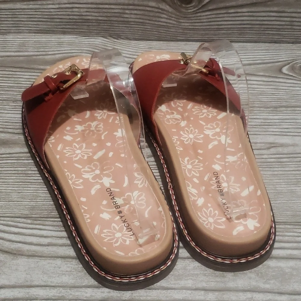 Lucky Brand red brick slide open toe flat mules sandals woman size 10 new